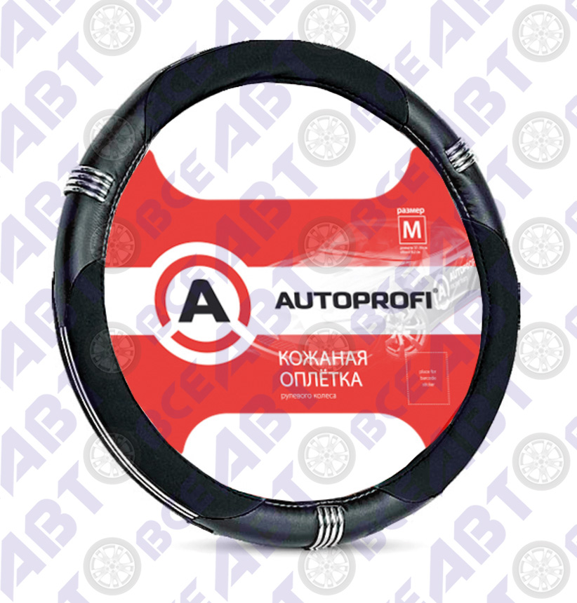 Оплетка на руль кожа/вставки из экокожи (хромированные кольца) Черный M AUTOPROFI